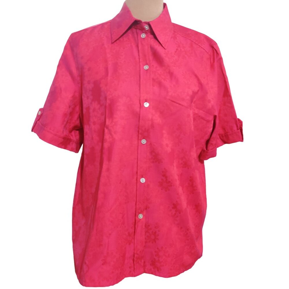 Alia Womens Shirt Floral Jacquard Short Sleeve Button Down Magenta Pink Sz 14